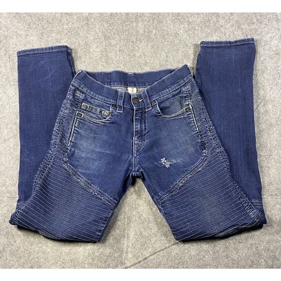 True Religion Jeans Mens Size 31 Moto Slim Blue Distressed